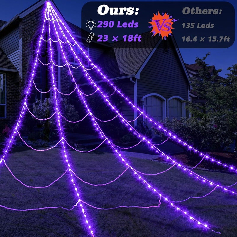 Zivilic Halloween Spider Web Lights 290 LED Lighted Spider Web Giant 23 Ft Halloween Decorations Light up with 8 Lighting Modes Waterproof & Timer for Outdoor Indoor Yard Haunted House Decor, Purple - Image 2
